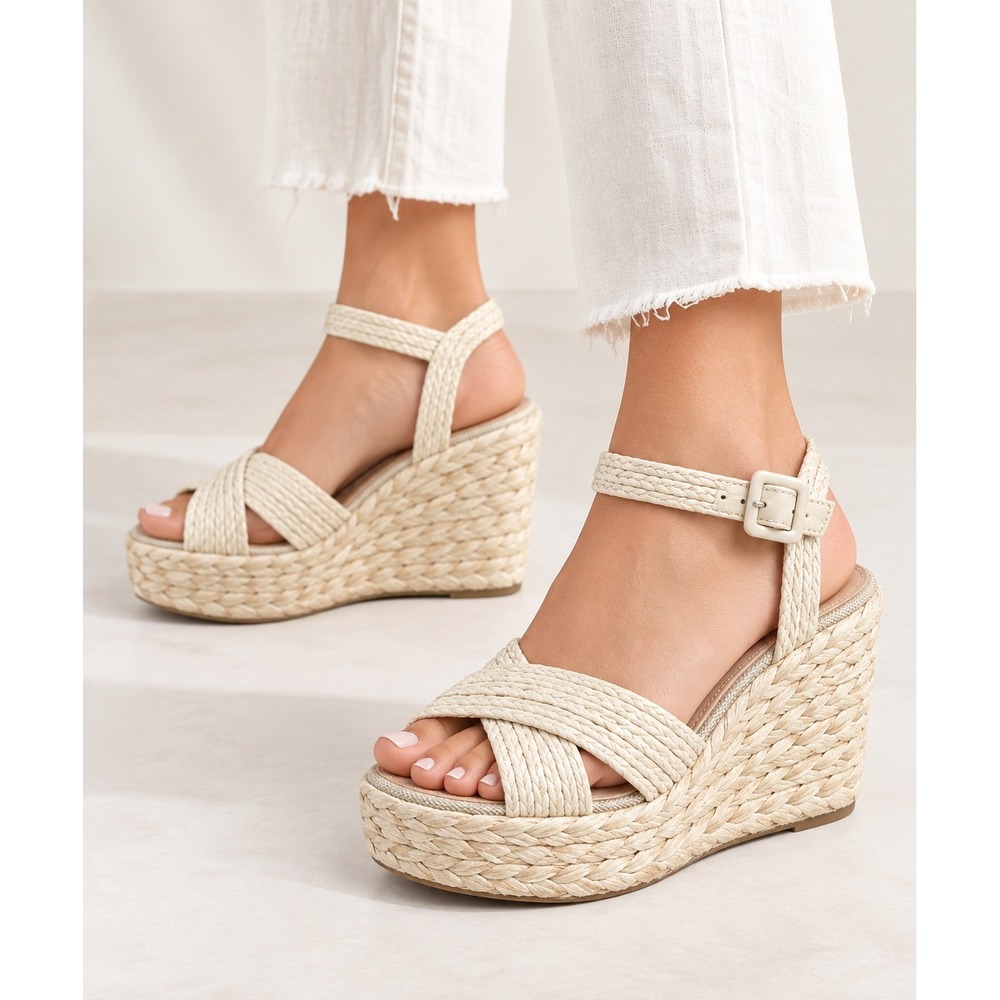 Steve Madden Woven Espadrille Platform Wedge Sandals Ivory 7.5 Boho